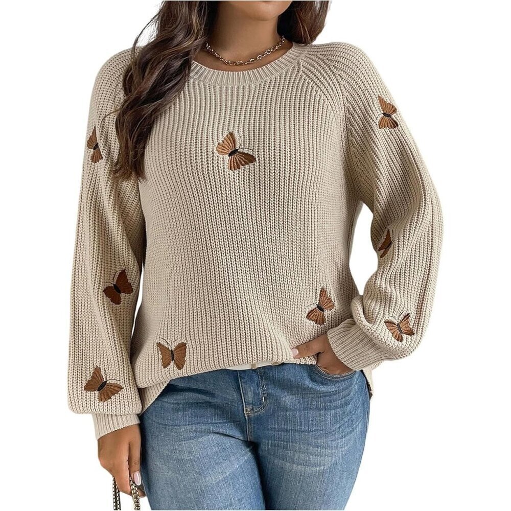 Plus Size Women's Butterfly Embroidered Knit Sweater Long Sleeve Crew Neck